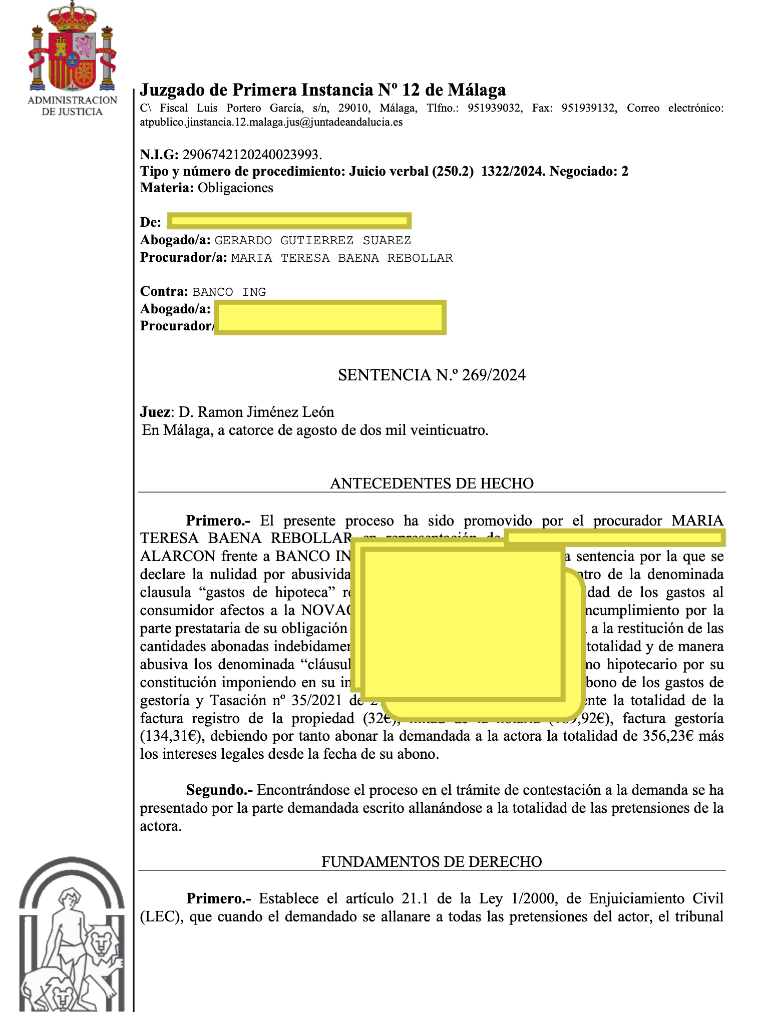 NUEVA SENTENCIA EN MÁLAGA VS ING BANCO