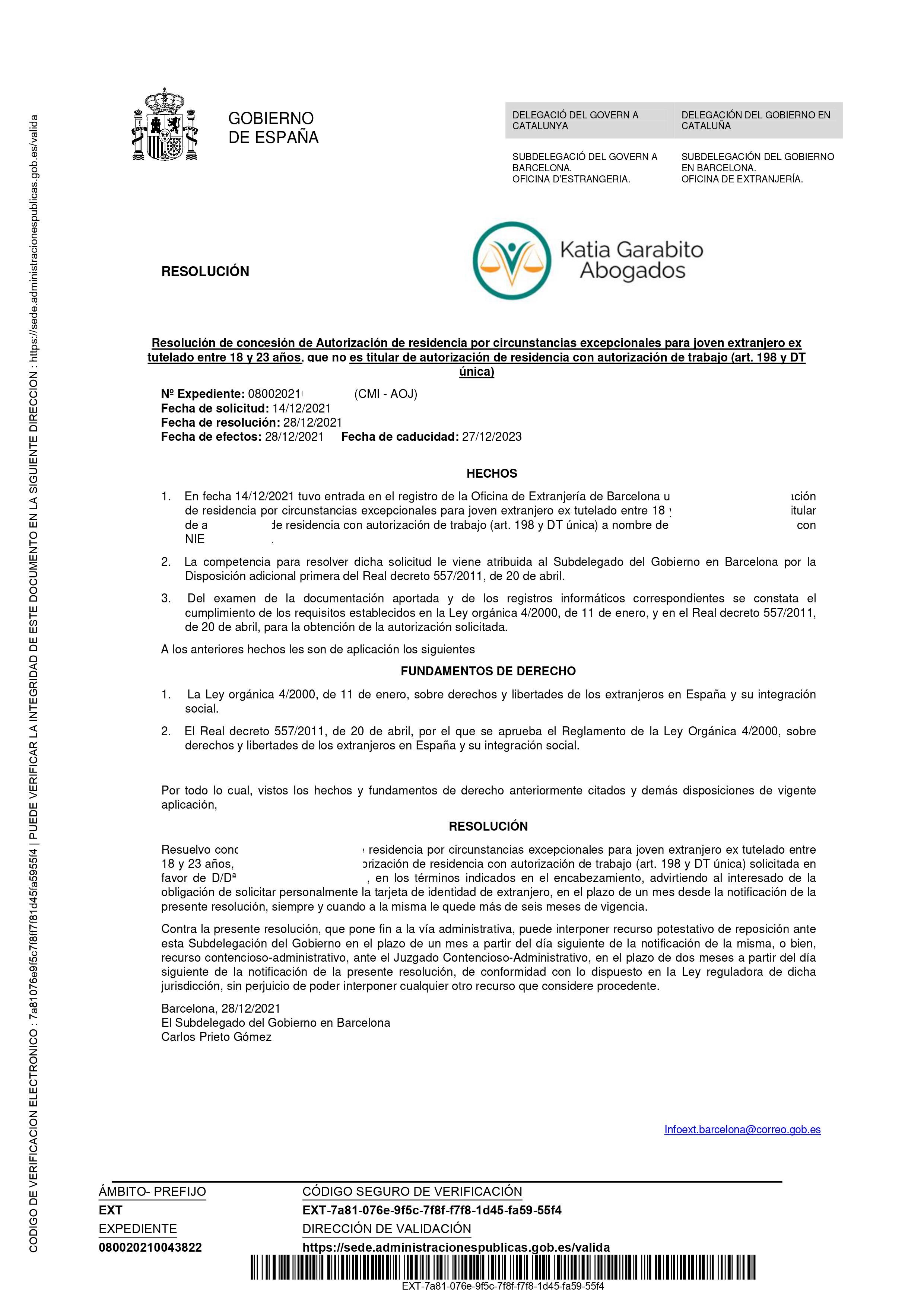 RESOLUCIÓN FAVORABLE DE AUTORIZO DE RESIDENCIA PARA JOVENES EXTRANJEROS EXTUTELADOS ENTRE 18 Y 23 AÑOS