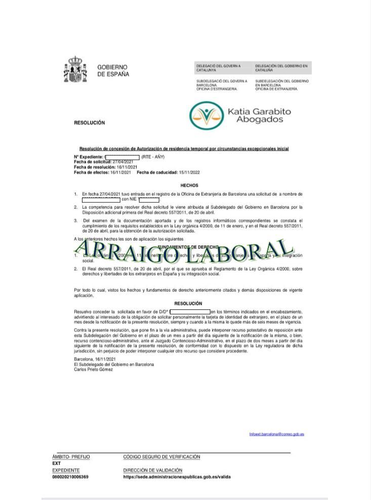 ARRAIGO LABORAL CONCEDIDO EL 16 NOVIEMBRE