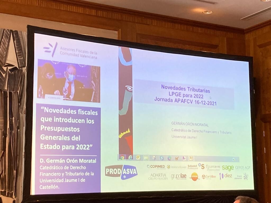 Jornada Tributaria 'Deducción actividades I+ID, exención plusvalías entre empresas, medidas fiscales Generalitat Valenciana y novedades fiscales PGE'.
