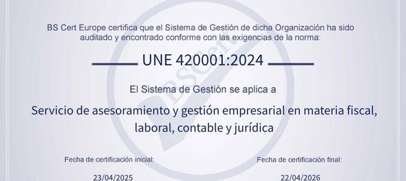 ADEC ASSESSORS, PRIMER DESPATX DE SERVEIS INTEGRALS DE TARRAGONA CERTIFICAT AMB LA NORMA UNE 420001
